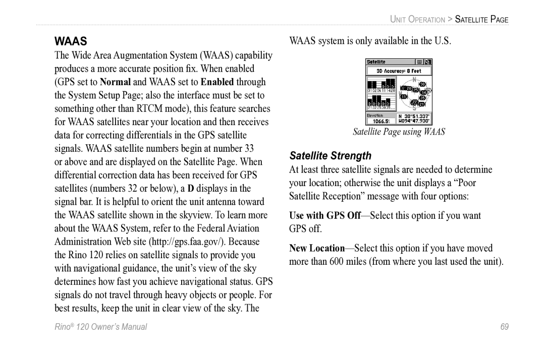 Garmin Rino 120 owner manual Waas, Satellite Strength 