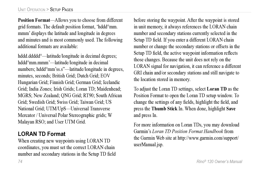 Garmin Rino 120 owner manual Loran TD Format 