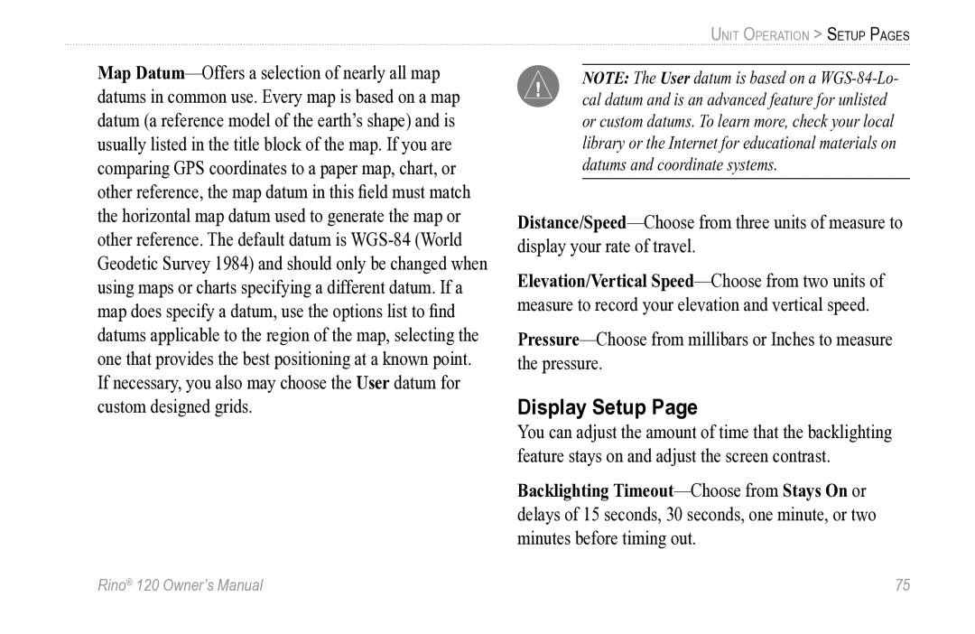 Garmin Rino 120 owner manual Display Setup 