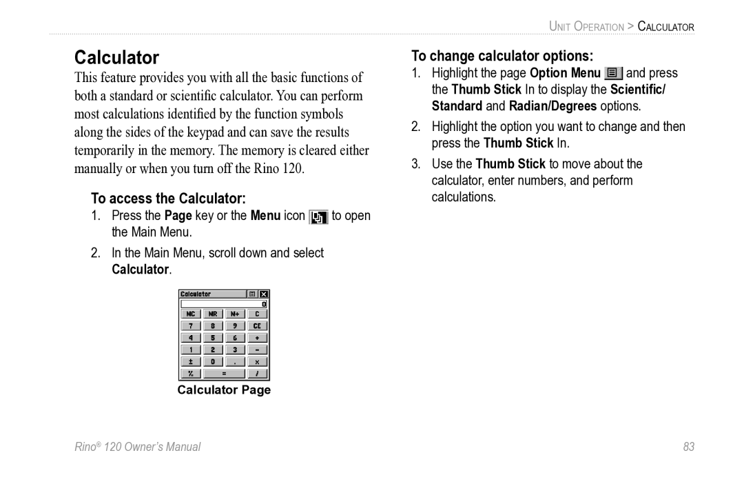 Garmin Rino 120 owner manual To access the Calculator, To change calculator options 