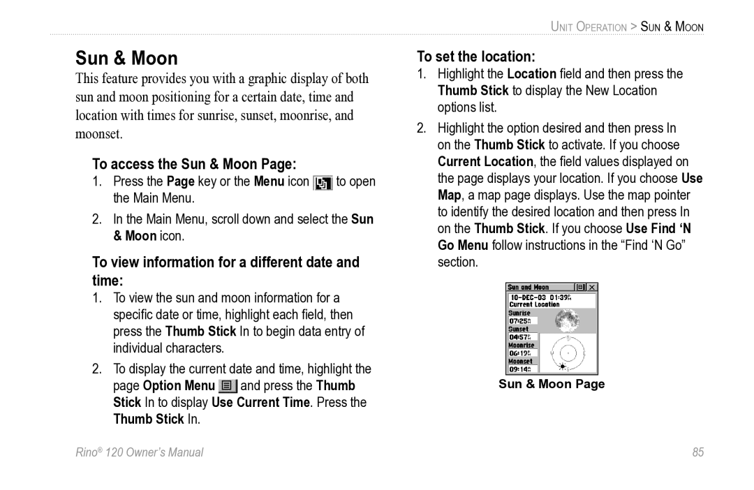 Garmin Rino 120 To access the Sun & Moon, To view information for a different date and time, To set the location 