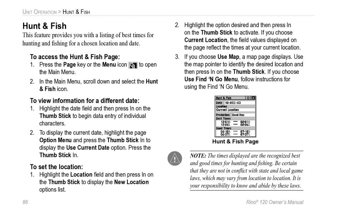 Garmin Rino 120 owner manual To access the Hunt & Fish, To view information for a different date 