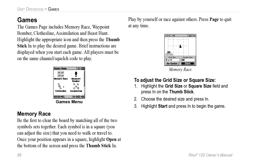 Garmin Rino 120 owner manual Games, Memory Race, To adjust the Grid Size or Square Size 