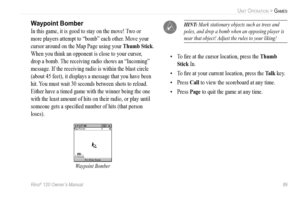 Garmin Rino 120 owner manual Waypoint Bomber 