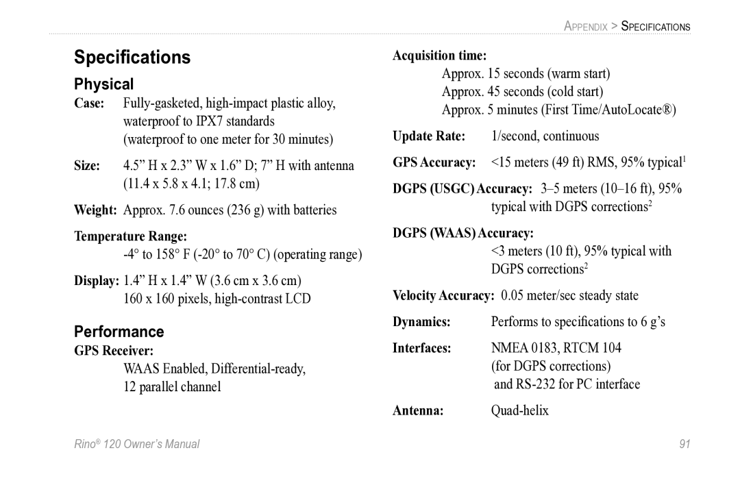 Garmin Rino 120 owner manual Speciﬁcations, Physical, Performance 