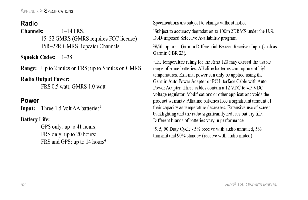 Garmin Rino 120 owner manual Radio, Power 