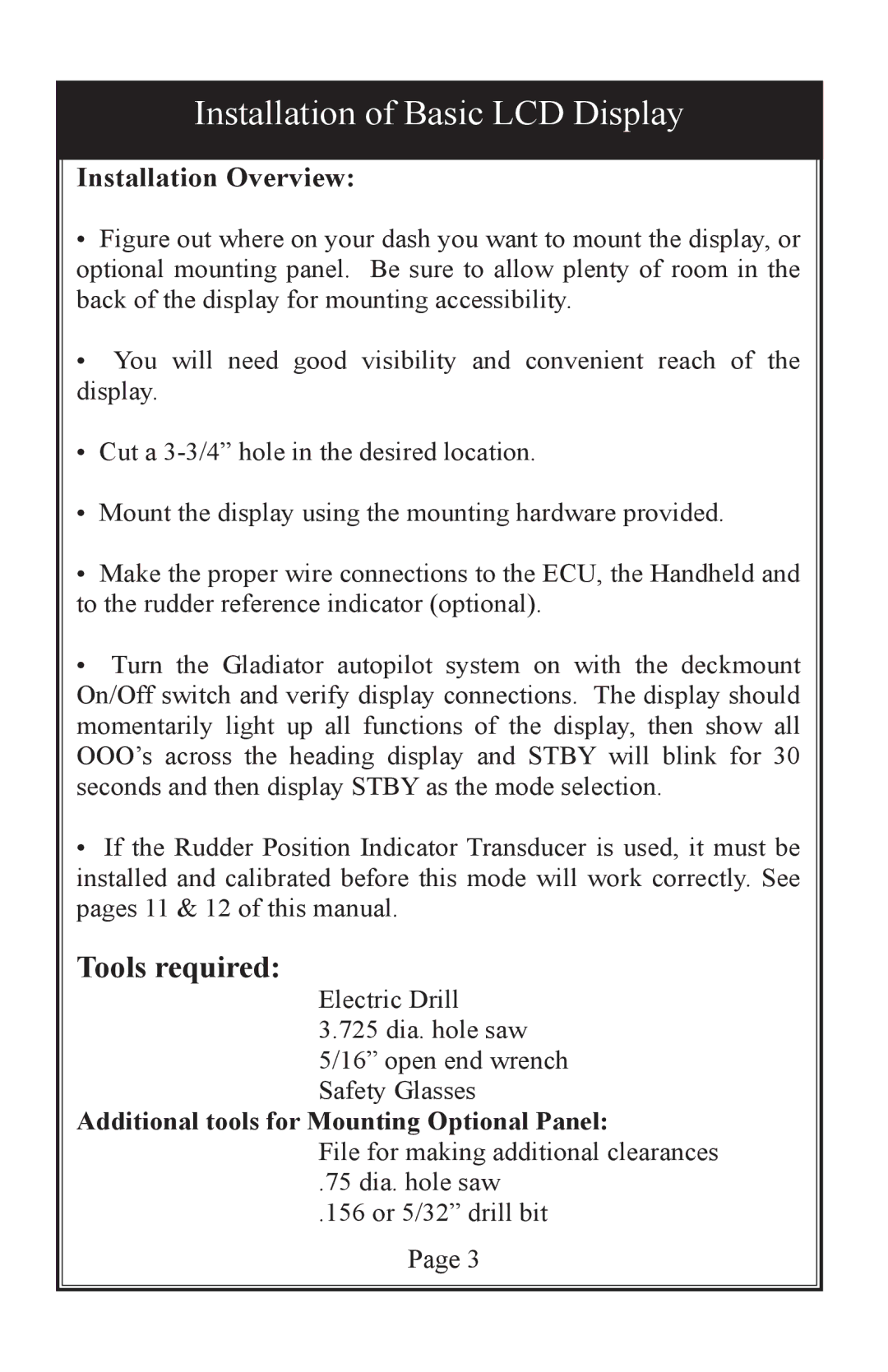 Garmin TR-1 owner manual Installation of Basic LCD Display, Tools required 