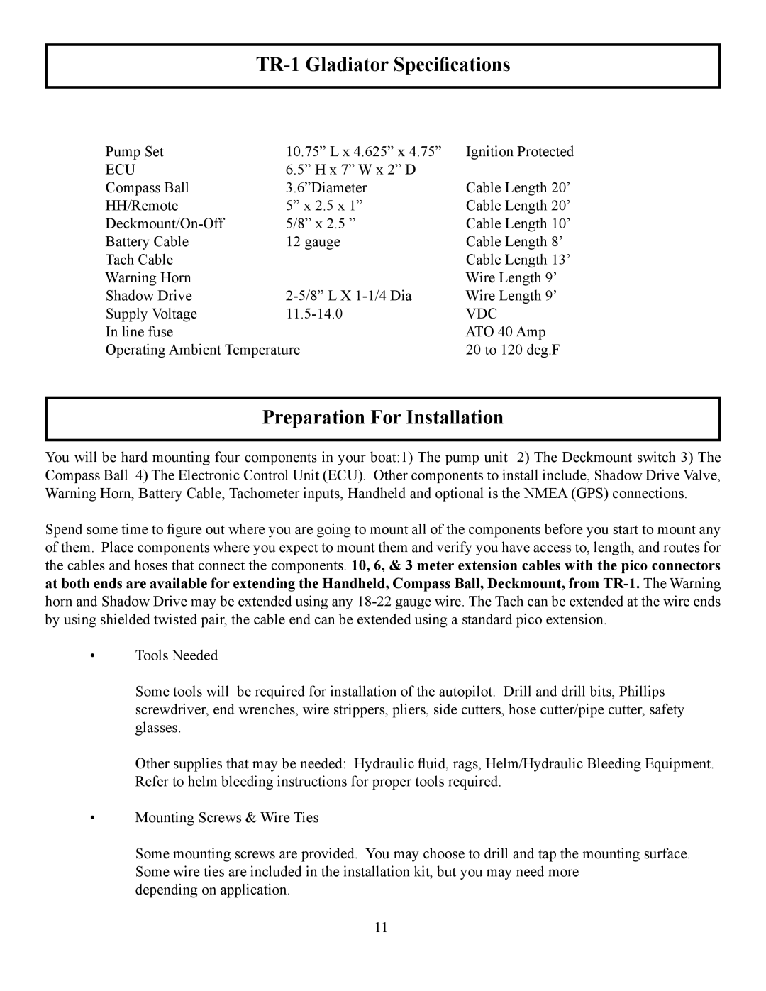 Garmin manual TR-1 Gladiator Specifications, Preparation For Installation 