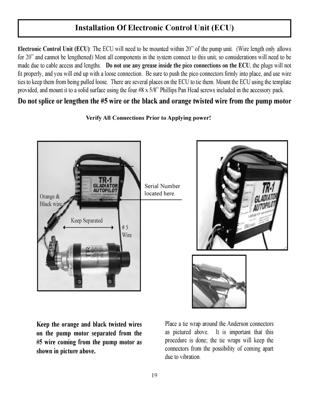 Garmin TR-1 manual Installation Of Electronic Control Unit ECU, Verify All Connections Prior to Applying power 