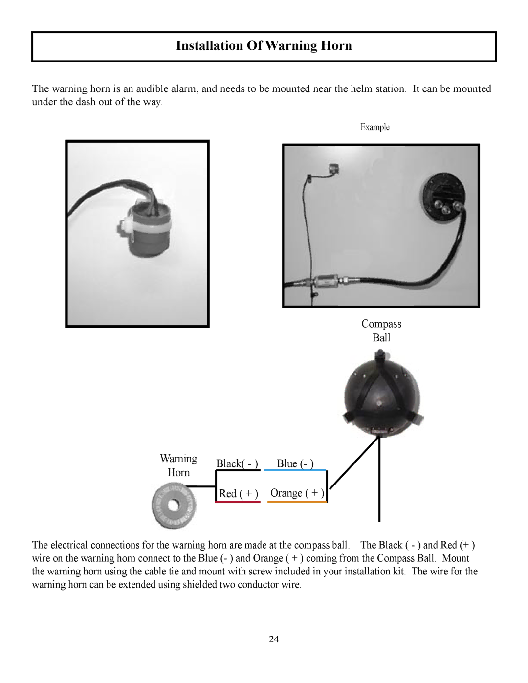 Garmin TR-1 manual Installation Of Warning Horn, Compass Ball Horn Red + Orange + 