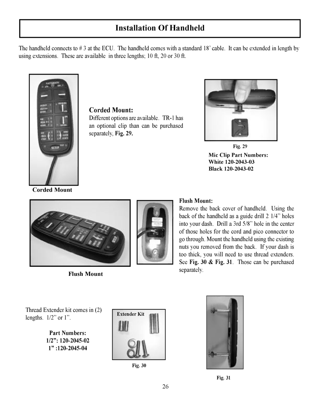 Garmin TR-1 manual Installation Of Handheld, Corded Mount Flush Mount, Part Numbers 120-2045-04 