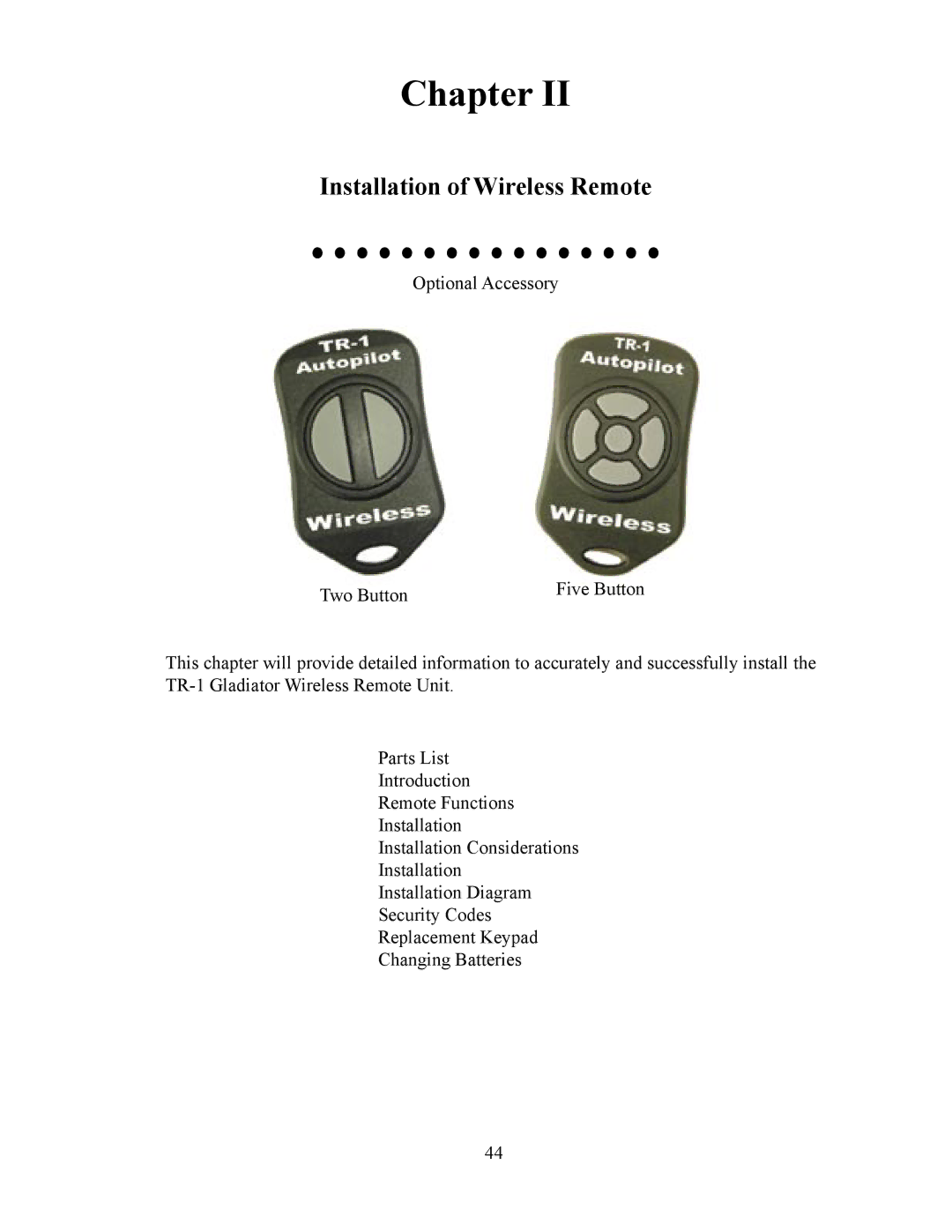 Garmin TR-1 manual Chapter, Installation of Wireless Remote 