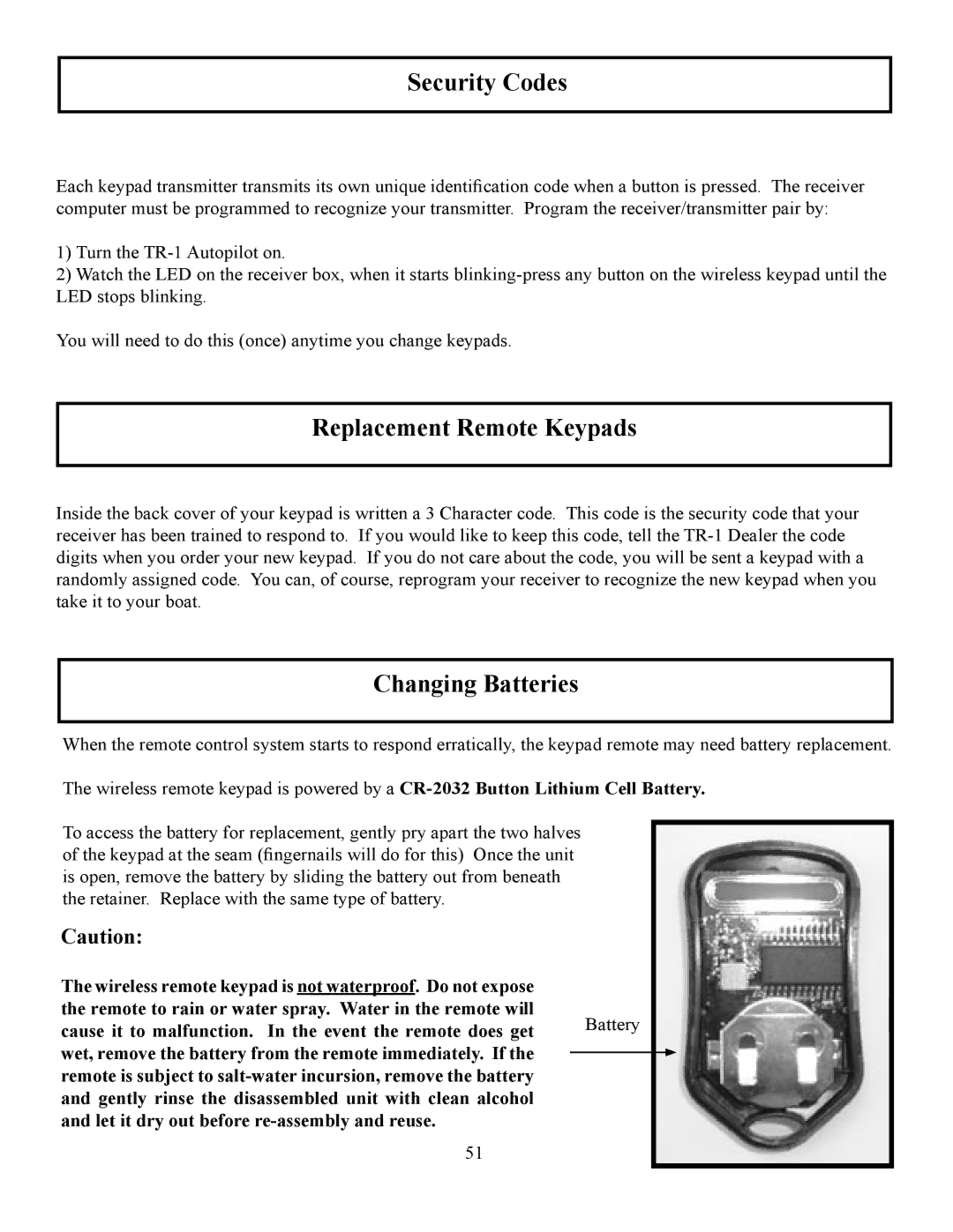 Garmin TR-1 manual Security Codes, Replacement Remote Keypads, Changing Batteries 