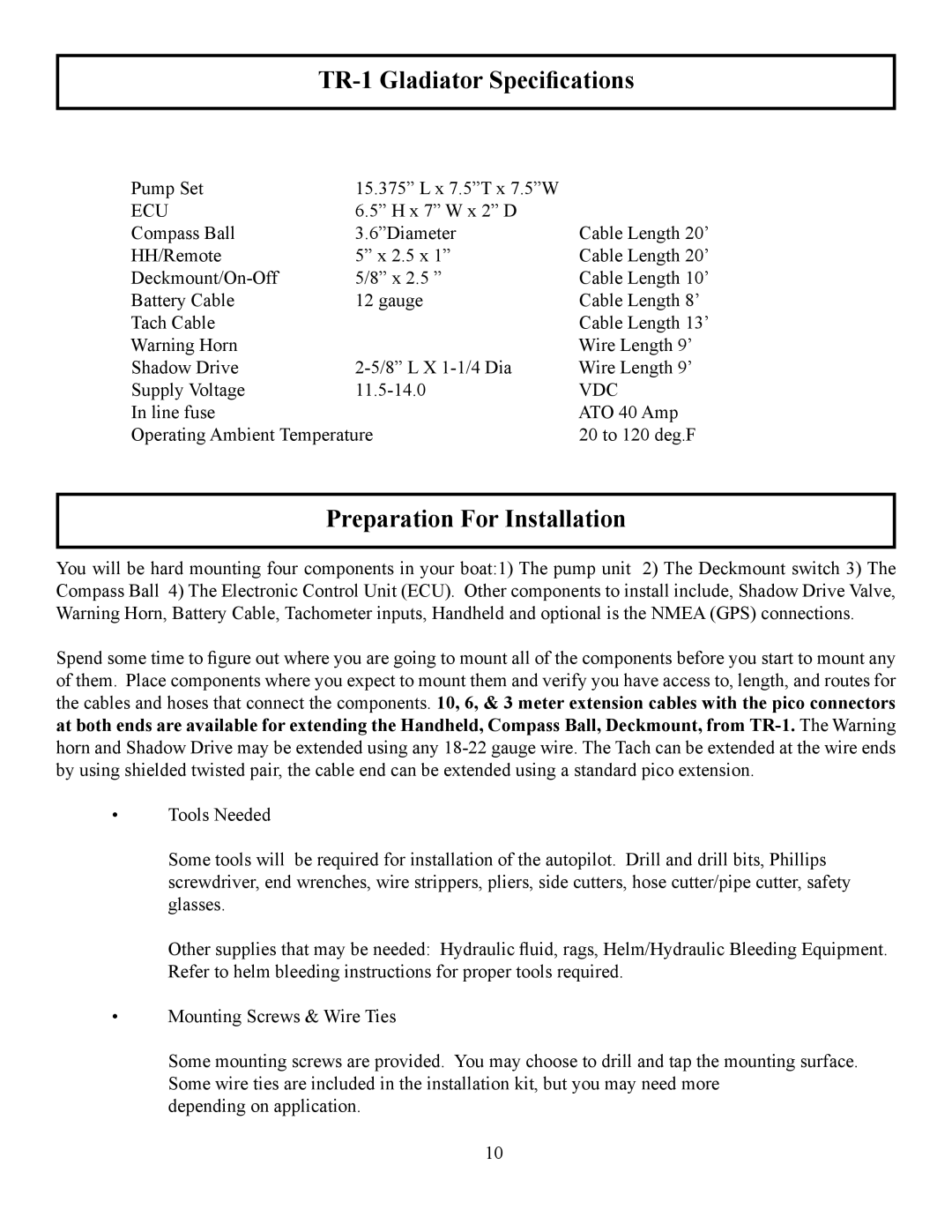 Garmin manual TR-1 Gladiator Specifications, Preparation For Installation 