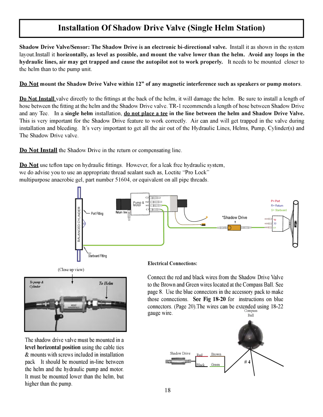 Garmin TR-1 manual Installation Of Shadow Drive Valve Single Helm Station, Electrical Connections 