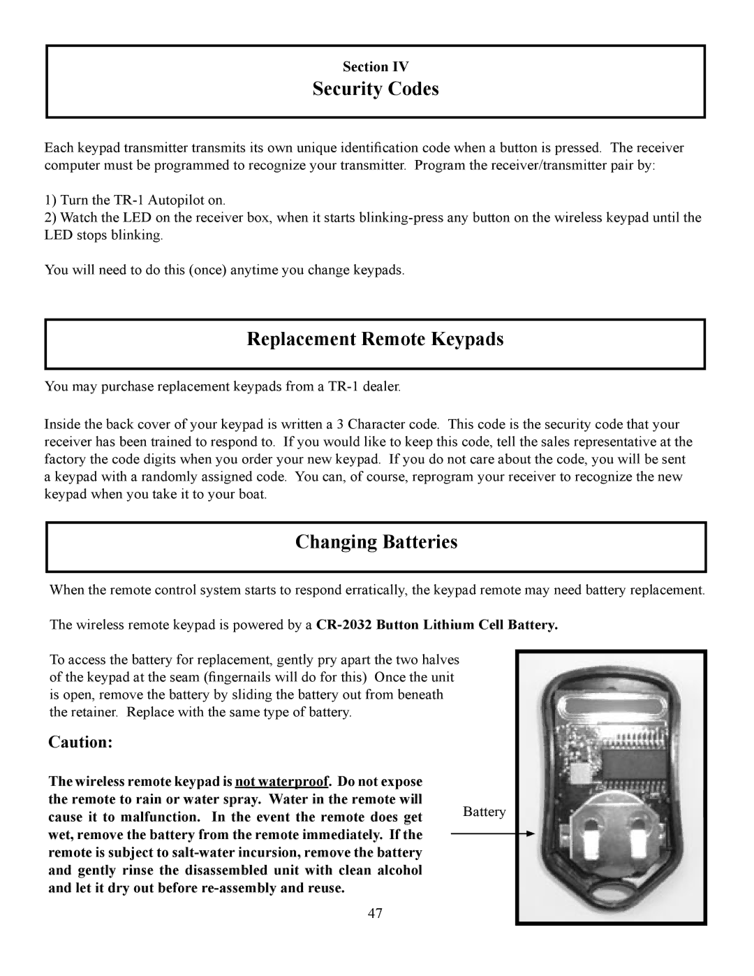 Garmin TR-1 manual Security Codes, Replacement Remote Keypads, Changing Batteries 