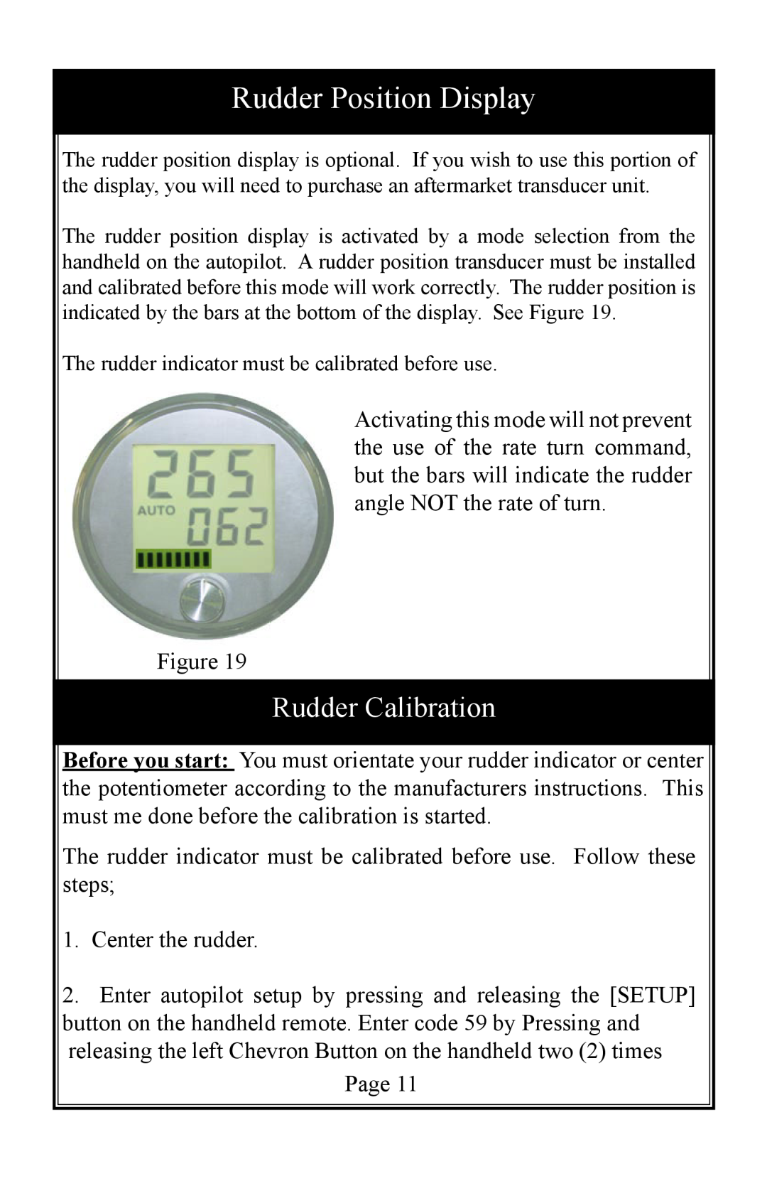Garmin TR-1 owner manual Rudder Position Display, Rudder Calibration 