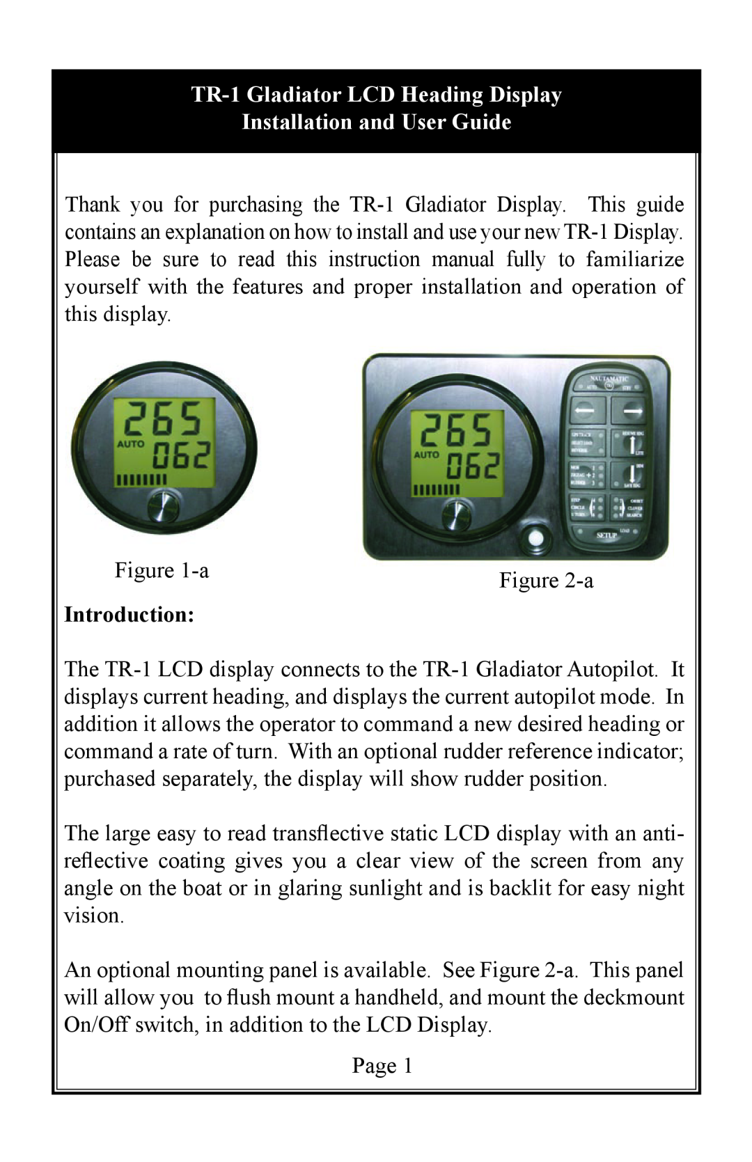 Garmin owner manual Introduction, TR-1 Gladiator LCD Heading Display Installation and User Guide 