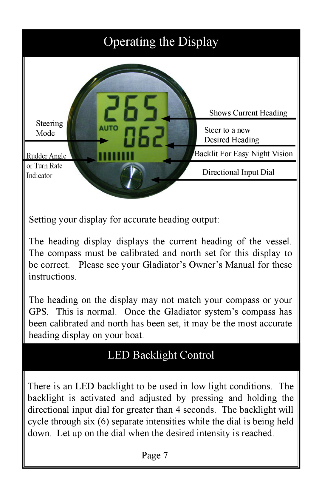 Garmin TR-1 owner manual Operating the Display, LED Backlight Control 