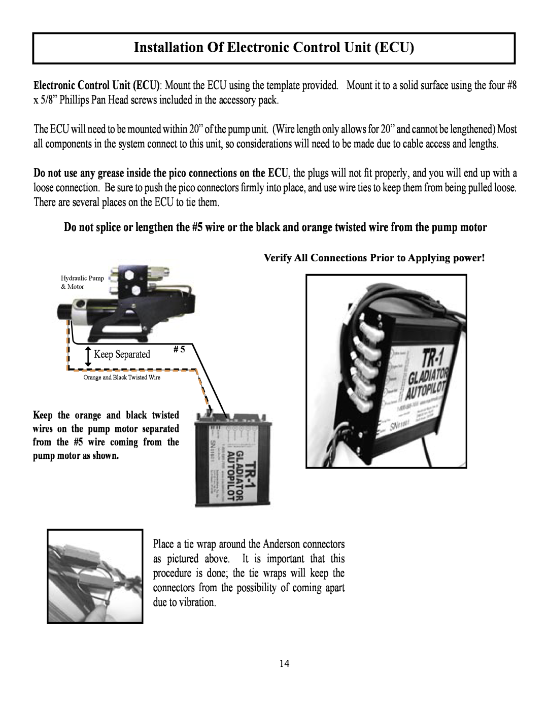 Garmin TR-1 Installation Of Electronic Control Unit ECU, Verify All Connections Prior to Applying power, Keep Separated 
