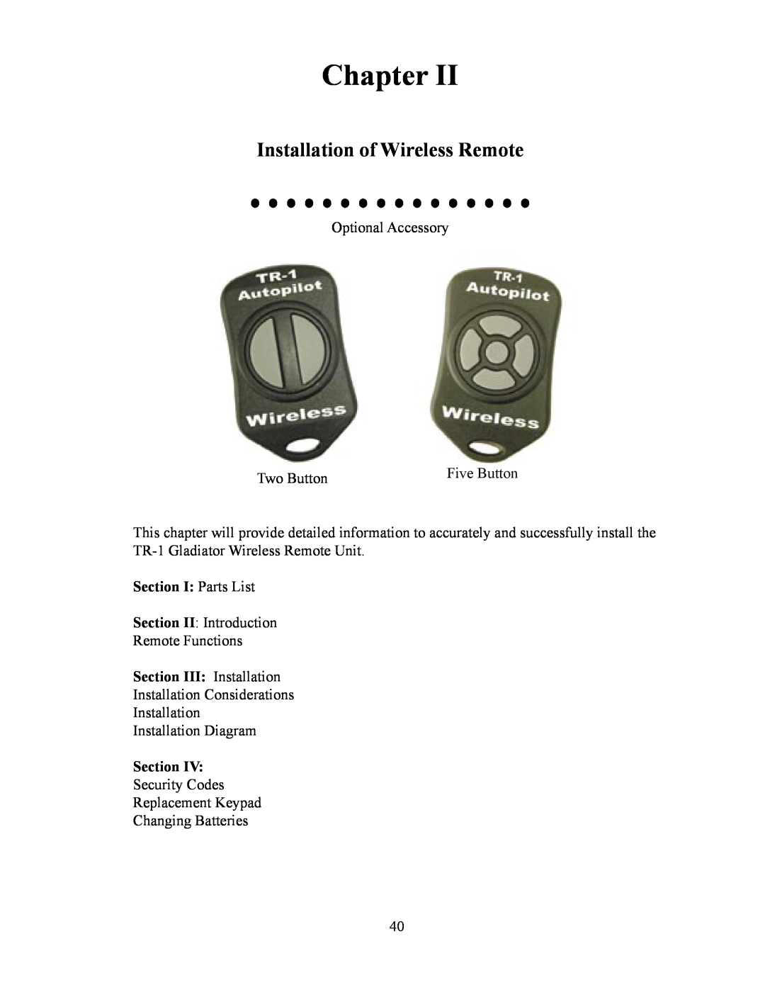 Garmin TR-1 manual Chapter, Installation of Wireless Remote, Section I Parts List, Section III Installation 