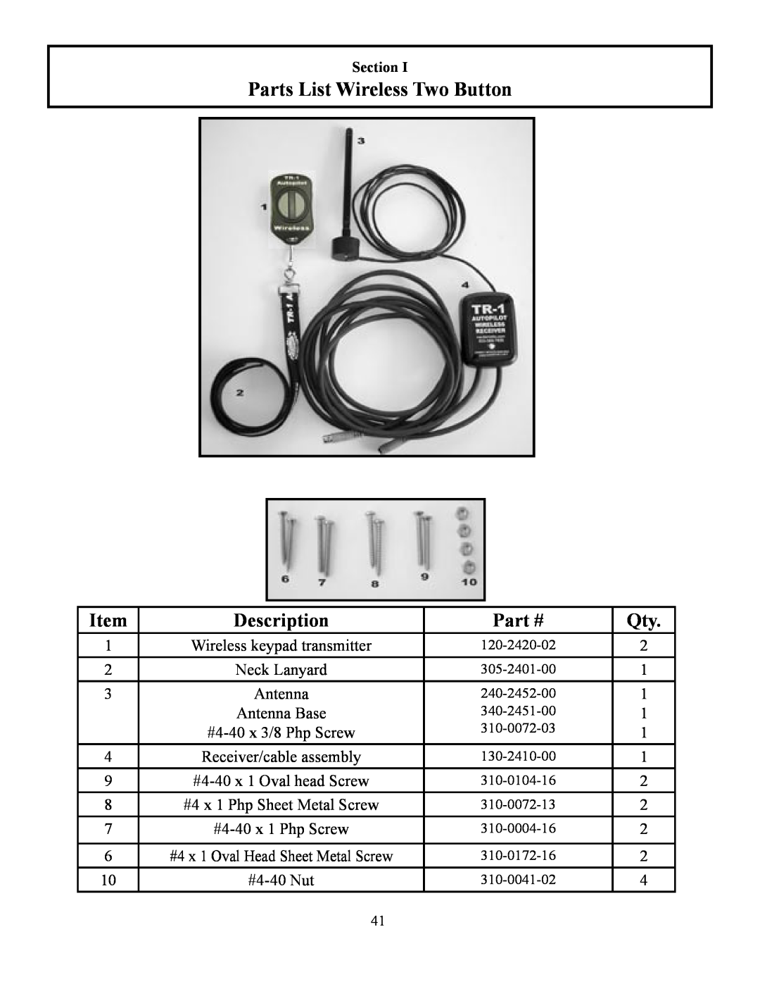 Garmin TR-1 manual Parts List Wireless Two Button, Description, Wireless keypad transmitter, Neck Lanyard, Antenna Base 