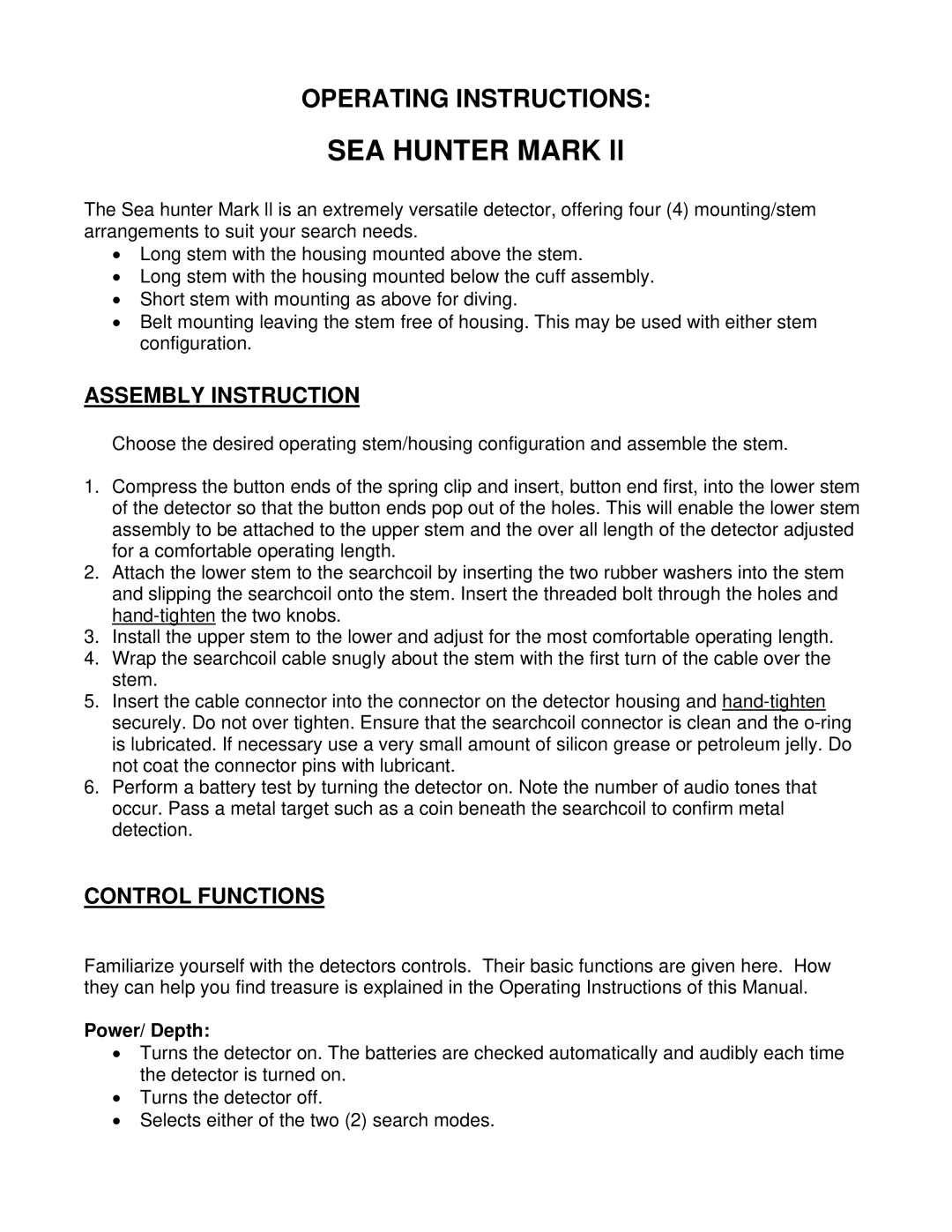 Garrett Metal Detectors SEA HUNTER MARK ll manual Assembly Instruction, Control Functions, Power/ Depth 