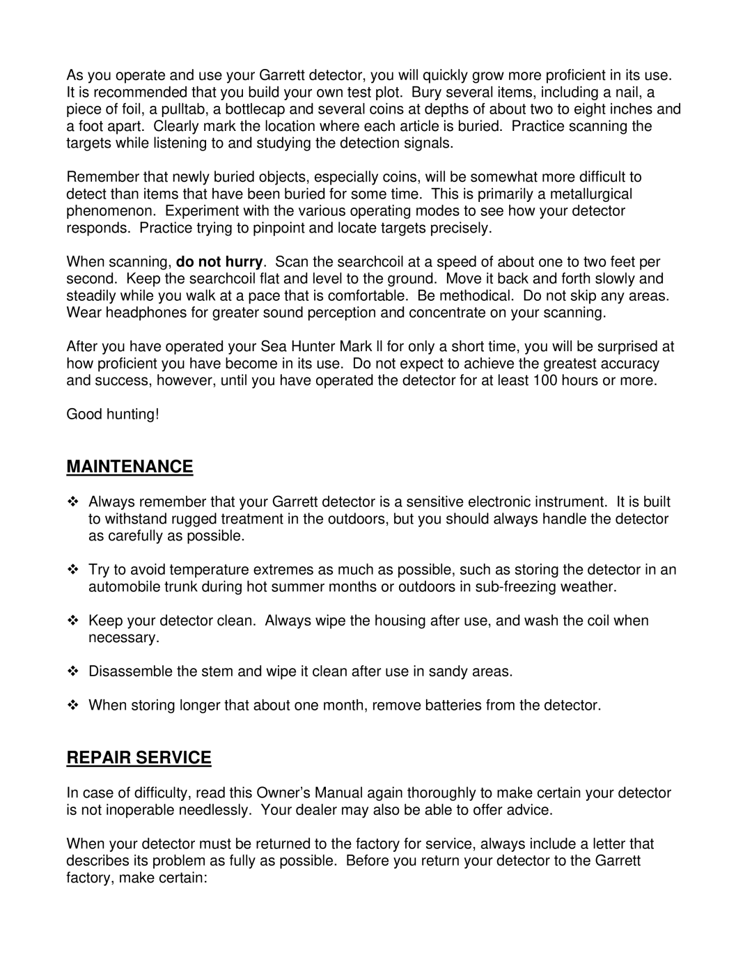 Garrett Metal Detectors SEA HUNTER MARK ll manual Maintenance, Repair Service 