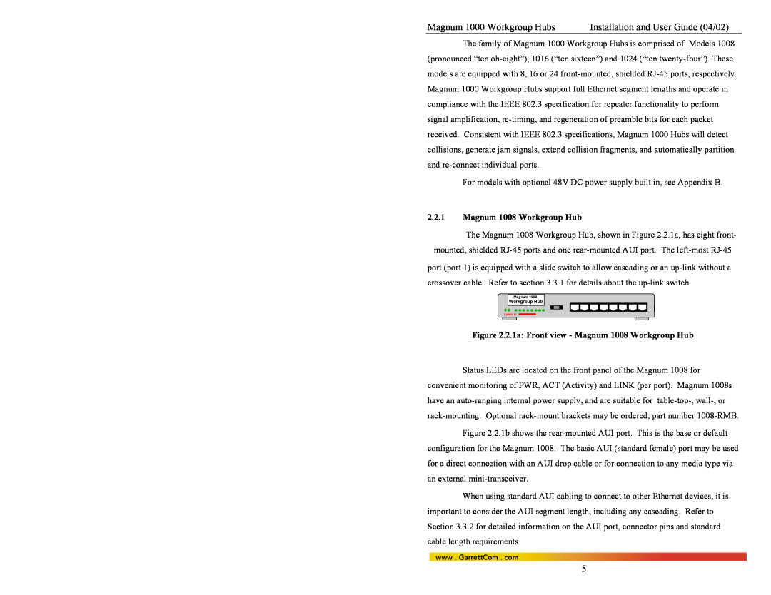 GarrettCom 1016, 1024 manual Magnum 1000 Workgroup Hubs, Installation and User Guide 04/02, Magnum 1008 Workgroup Hub 