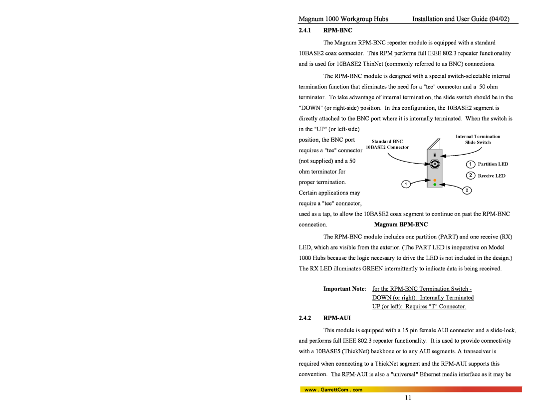 GarrettCom 1008, 1016, 1024 manual Magnum 1000 Workgroup Hubs, Installation and User Guide 04/02, Rpm-Bnc, Rpm-Aui 