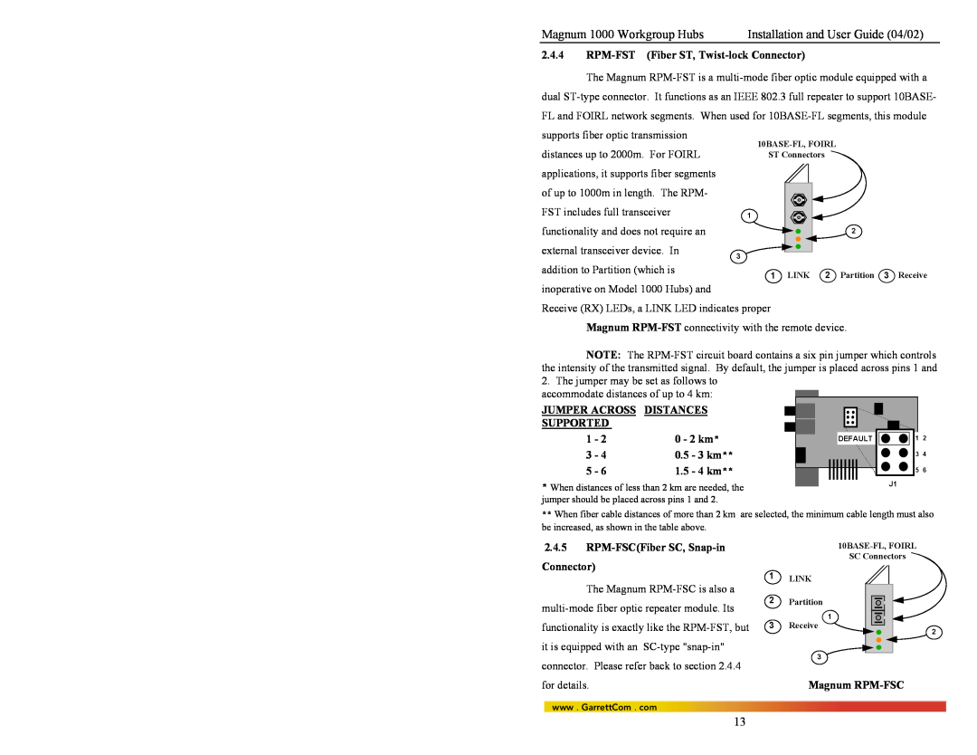 GarrettCom 1024 Magnum 1000 Workgroup Hubs, Installation and User Guide 04/02, 2.4.4, Jumper Across, Distances, Supported 