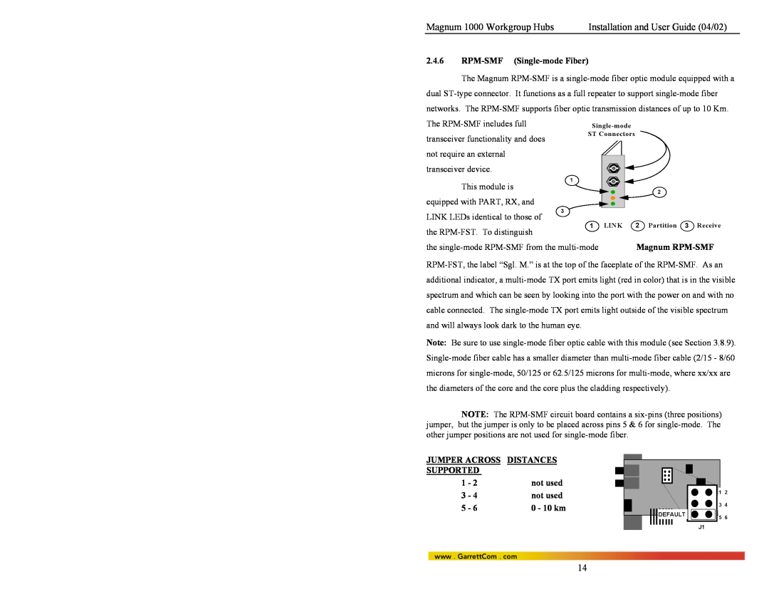 GarrettCom 1008 Magnum 1000 Workgroup Hubs, Installation and User Guide 04/02, RPM-SMF Single-mode Fiber, Magnum RPM-SMF 