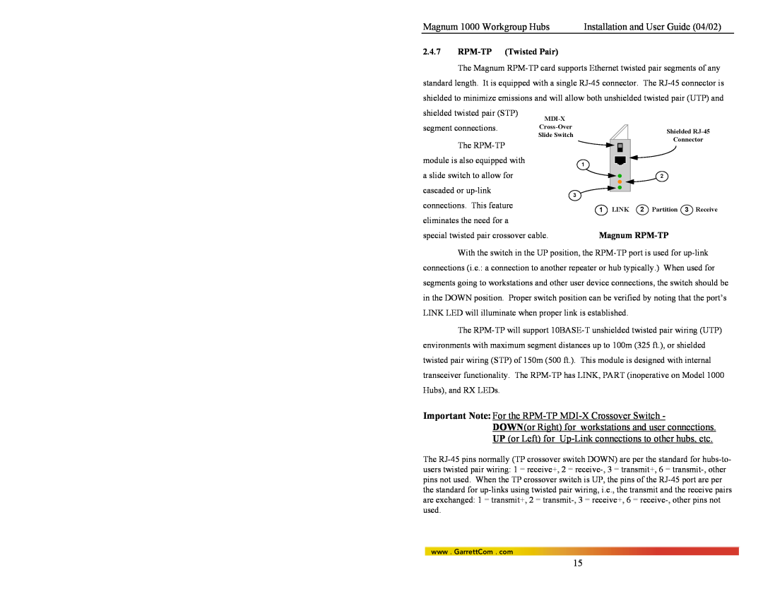 GarrettCom 1016, 1024 Magnum 1000 Workgroup Hubs, Installation and User Guide 04/02, RPM-TP Twisted Pair, Magnum RPM-TP 