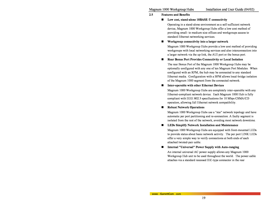 GarrettCom 1024 Magnum 1000 Workgroup Hubs, Installation and User Guide 04/02, Inter-operable with other Ethernet Devices 