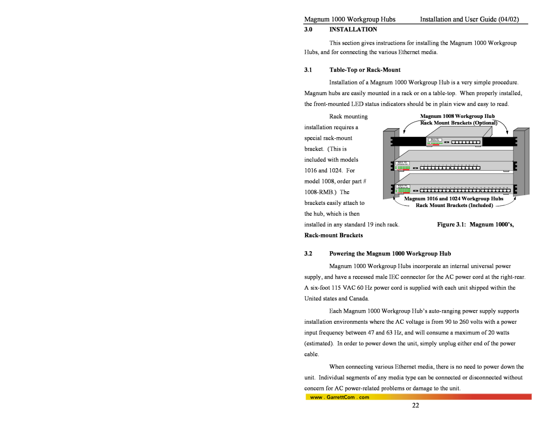 GarrettCom 1024 Magnum 1000 Workgroup Hubs, Installation and User Guide 04/02, Table-Top or Rack-Mount, Rack mounting 