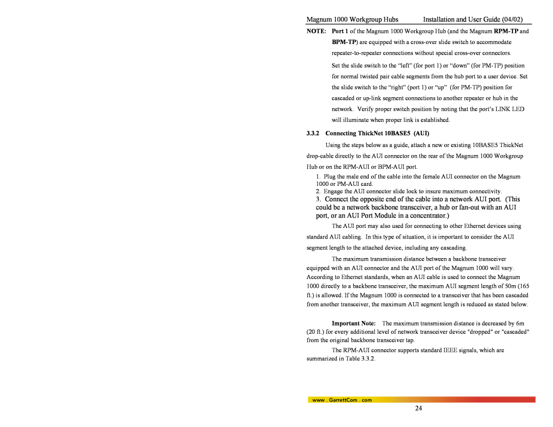 GarrettCom 1016, 1024, 1008 Magnum 1000 Workgroup Hubs, Installation and User Guide 04/02, Connecting ThickNet 10BASE5 AUI 