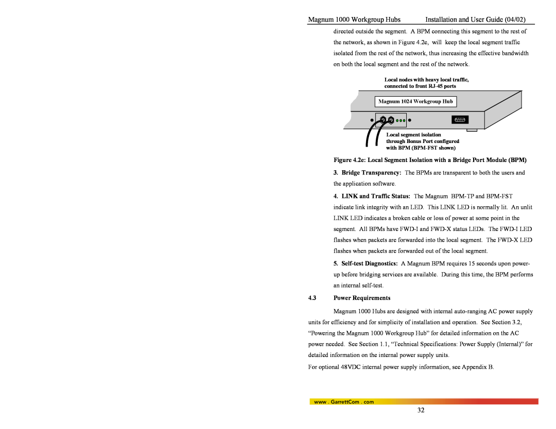 GarrettCom 1008, 1016, 1024 manual Magnum 1000 Workgroup Hubs, Installation and User Guide 04/02, Power Requirements 