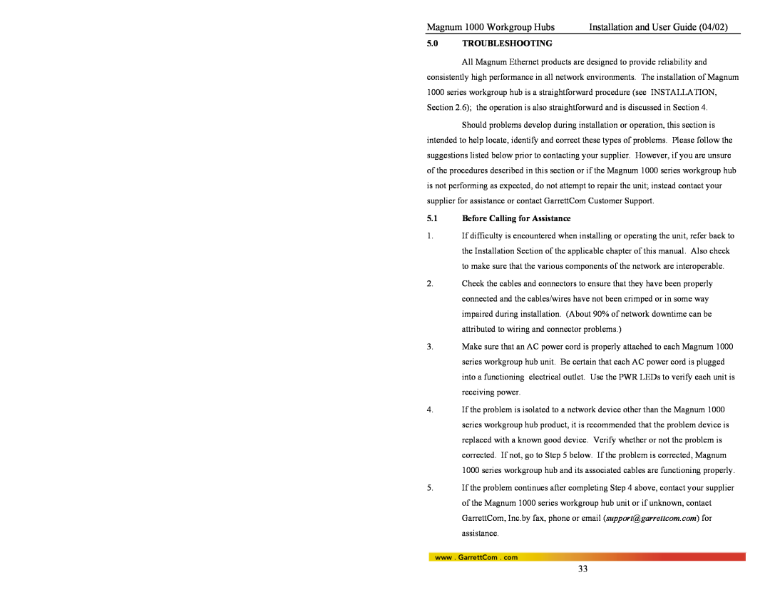 GarrettCom 1016, 1024, 1008 manual Magnum 1000 Workgroup Hubs, Installation and User Guide 04/02, Troubleshooting 
