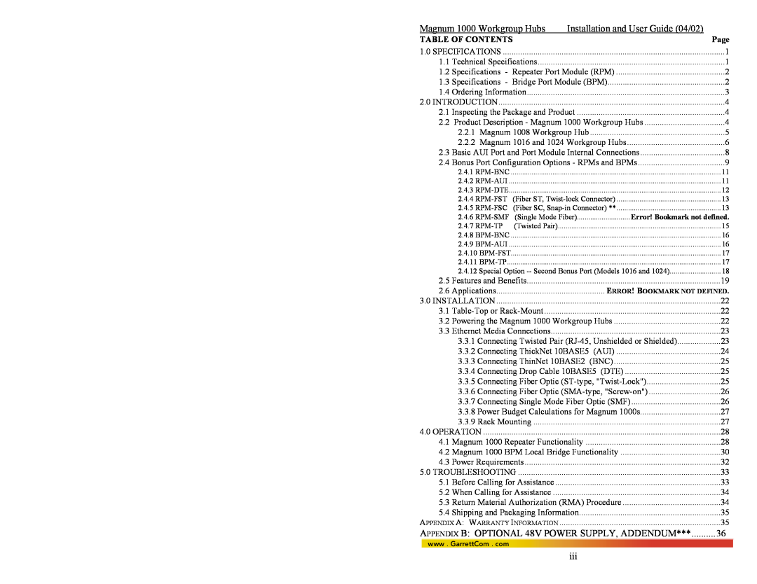 GarrettCom 1024, 1016, 1008 manual Magnum 1000 Workgroup Hubs, Installation and User Guide 04/02, Page, Table Of Contents 