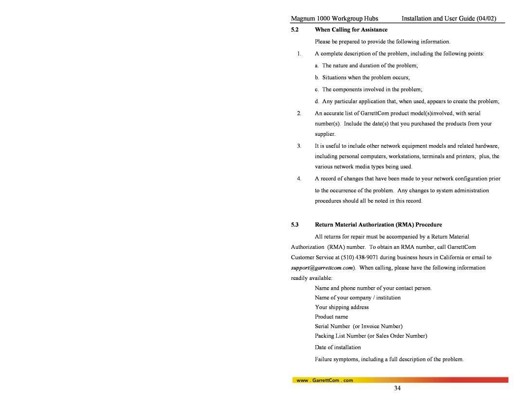 GarrettCom 1024, 1016, 1008 manual Magnum 1000 Workgroup Hubs, Installation and User Guide 04/02, When Calling for Assistance 