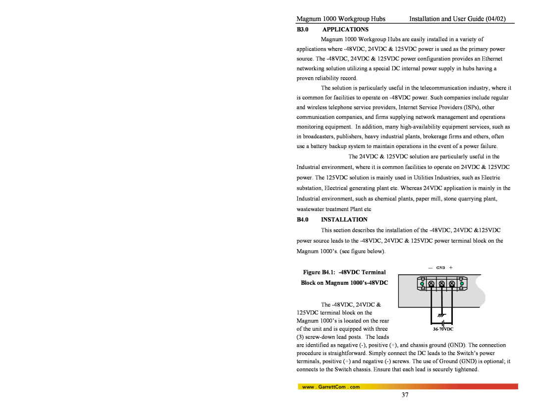 GarrettCom 1024, 1016 Magnum 1000 Workgroup Hubs, Installation and User Guide 04/02, B3.0 APPLICATIONS, B4.0 INSTALLATION 