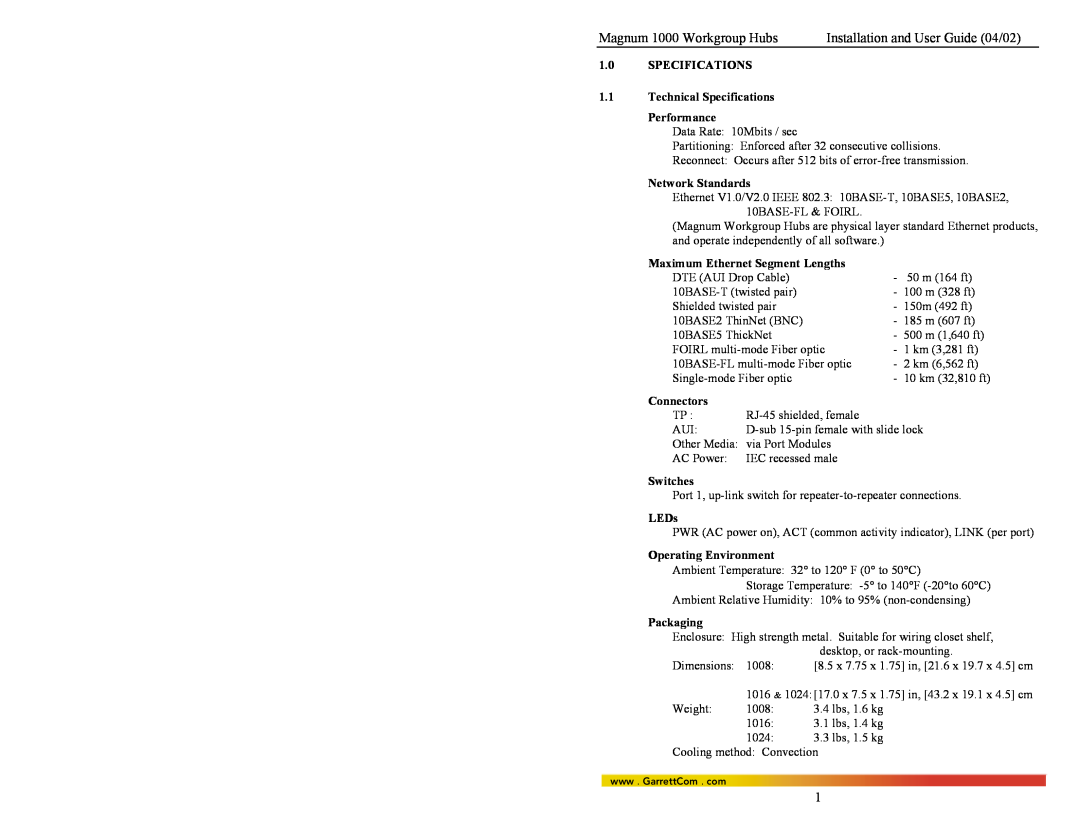 GarrettCom 1024 Magnum 1000 Workgroup Hubs, Installation and User Guide 04/02, Network Standards, Connectors, Switches 