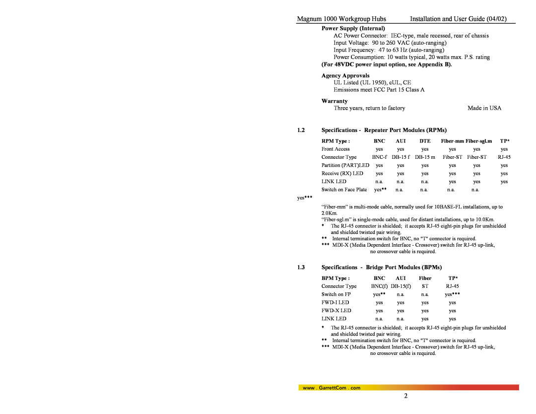 GarrettCom 1008 Magnum 1000 Workgroup Hubs, Installation and User Guide 04/02, Power Supply Internal, Warranty, RPM Type 