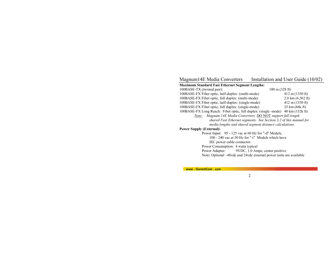 GarrettCom 14E manual Maximum Standard Fast Ethernet Segment Lengths, Power Supply External 