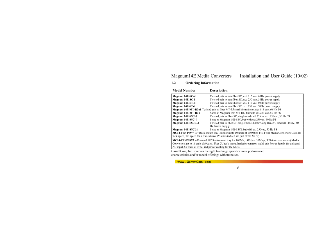 GarrettCom 14E manual Ordering Information Model Number Description 