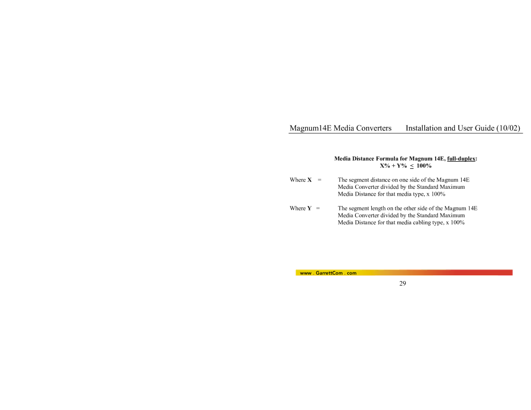 GarrettCom manual Media Distance Formula for Magnum 14E, full-duplex, + Y% 100% 