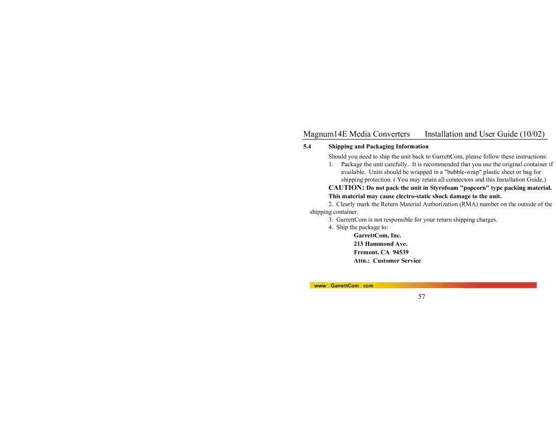 GarrettCom 14E manual Shipping and Packaging Information 