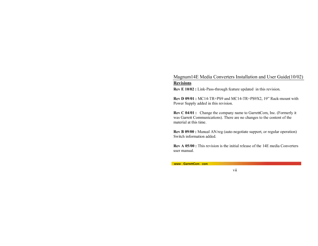 GarrettCom 14E manual Revisions 