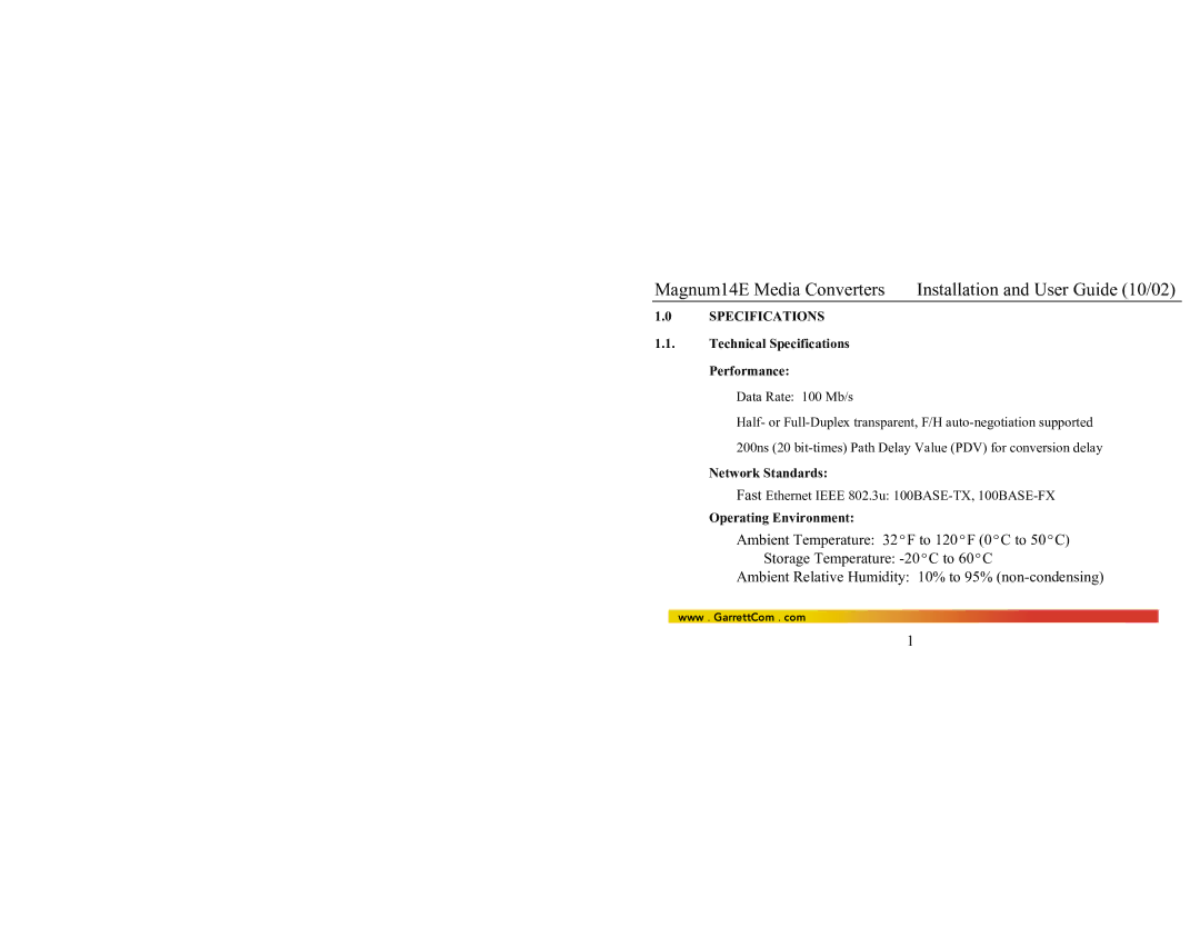 GarrettCom 14E manual Technical Specifications Performance, Network Standards, Operating Environment 