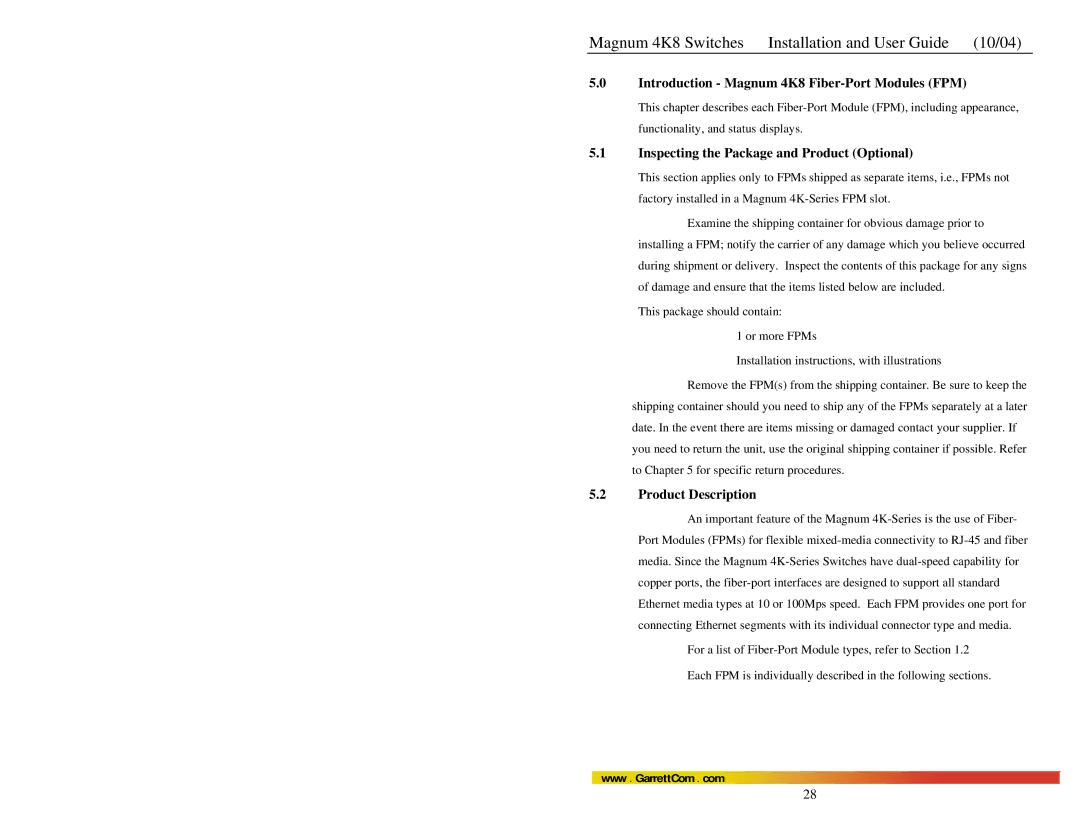 GarrettCom 4K-Series manual Introduction Magnum 4K8 Fiber-Port Modules FPM, Inspecting the Package and Product Optional 